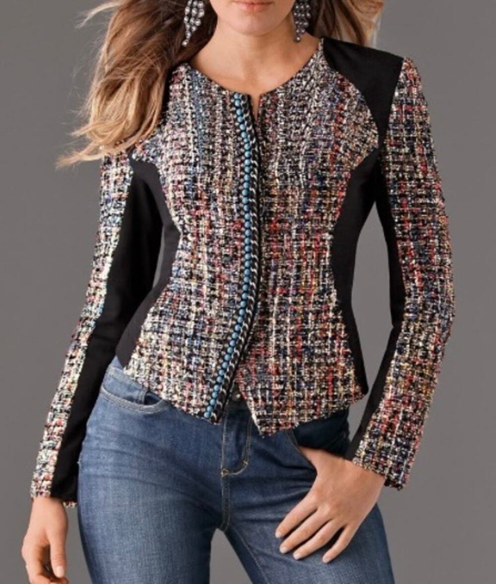 Boston Proper Sz 12 Colorblock Tailored Tweed Blazer Jeweled Elegant Flattering